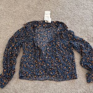Zara Navy Button-Down Floral Blouse with Rust Accents